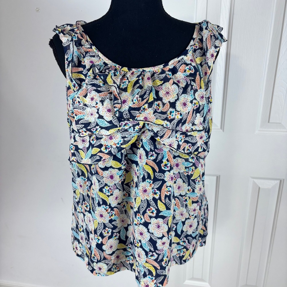 Edme & Esyllte Anthropologie Silk‎ Blend Floral Ruffle Tank Top Navy Blue Size 8